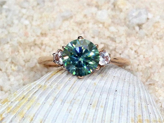 Blue & White Moissanite 3 Gem Stone Engagement Ring, round moissanite ring, bridal ring for her, 2ct Cupid 8mm BellaMoreDesign.com