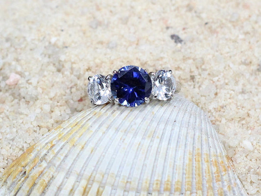 Blue & White Sapphire 3 Gem Stone Round Engagement Ring Jubilee Grand 2ct 8mm 1ct 6mm Custom Siz White-Yellow-Rose Gold-10k-14k-18k-Platinum BellaMoreDesign.com
