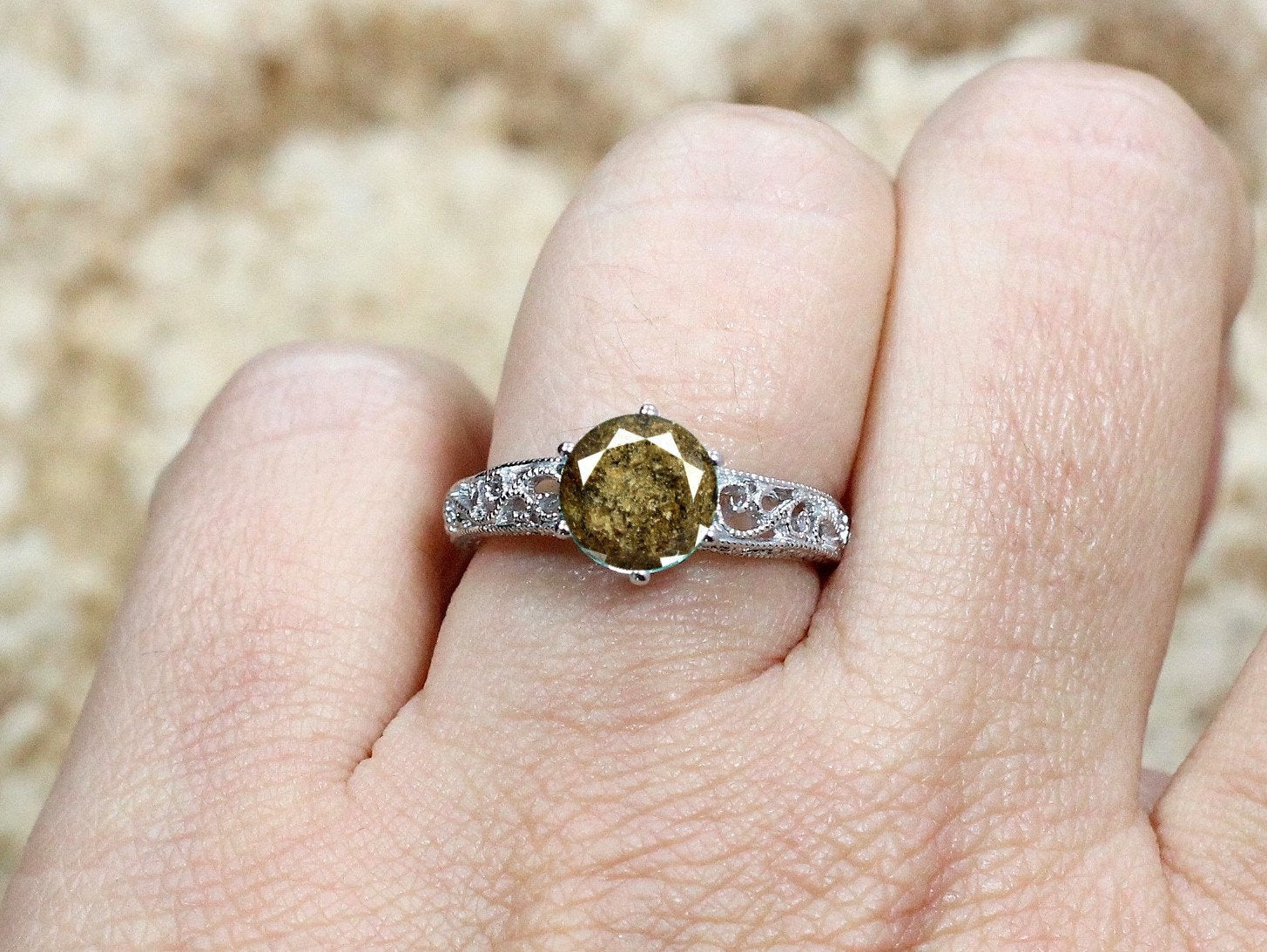 Brown Diamond Engagement Ring, Round, Rose Cut, Polymnia, Filigree, Vintage, Miligrain, 2ct, 8mm, Gift For Her, Valentine Gift BellaMoreDesign.com