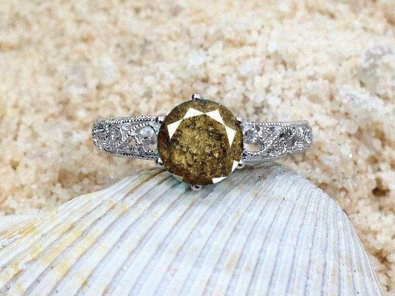Brown Diamond Engagement Ring, Round, Rose Cut, Polymnia, Filigree, Vintage, Miligrain, 2ct, 8mm, Gift For Her, Valentine Gift BellaMoreDesign.com