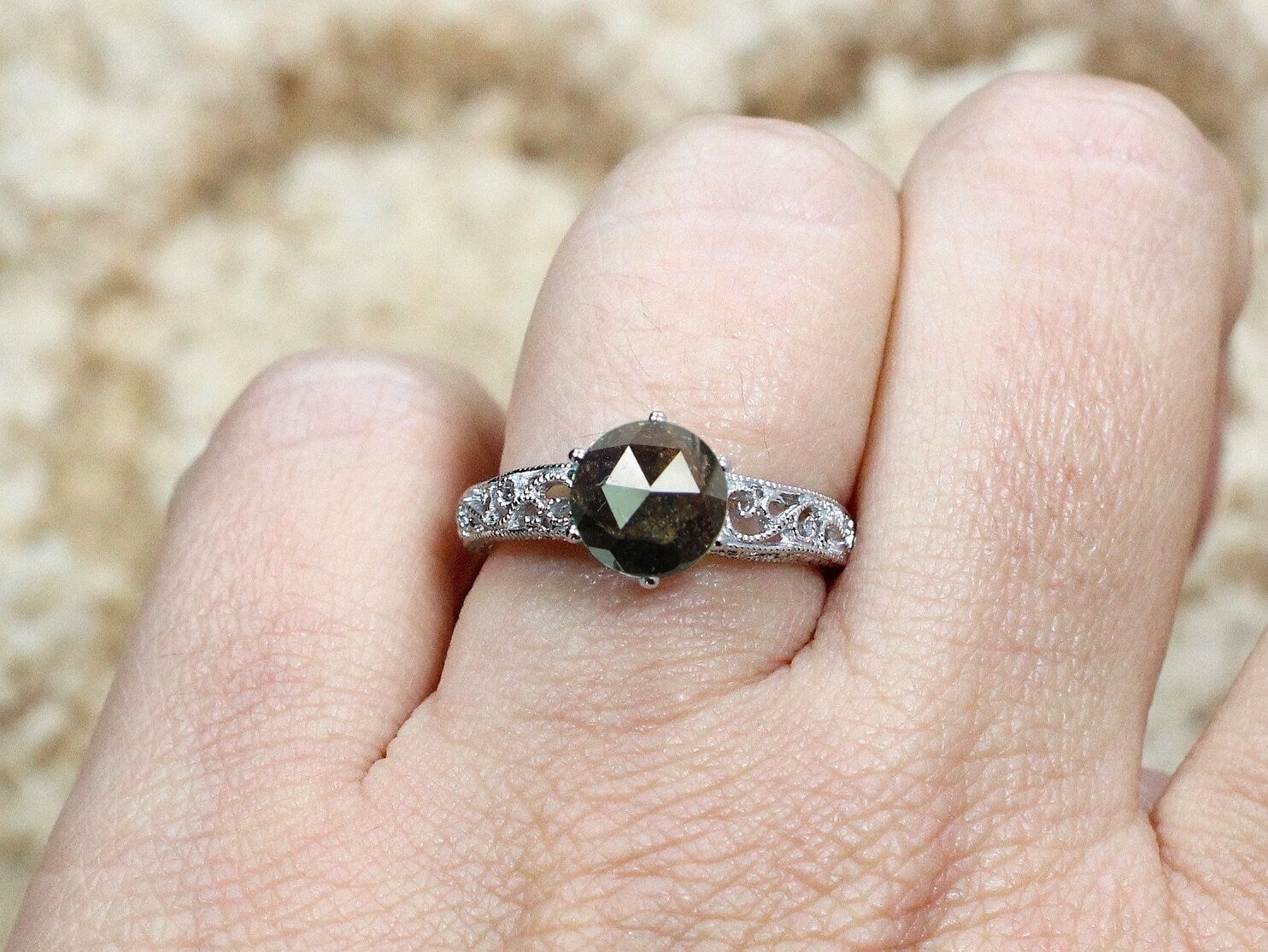 Brown Diamond Engagement Ring, Vintage, Rose Cut, Polymnia, Filigree, Miligrain, 2ct, 8mm, Promise Ring, Gift For Her BellaMoreDesign.com