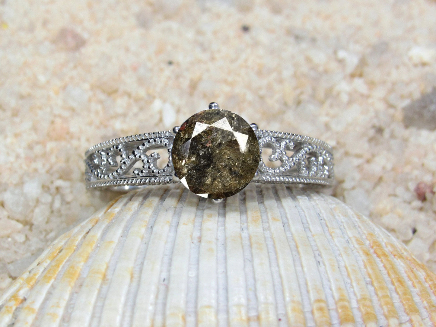 Brown Diamond Engagement Ring, Vintage, Round Cut, Antique Filigree milgrain, Polymnia Petite, 1ct Round Diamond Ring BellaMoreDesign.com