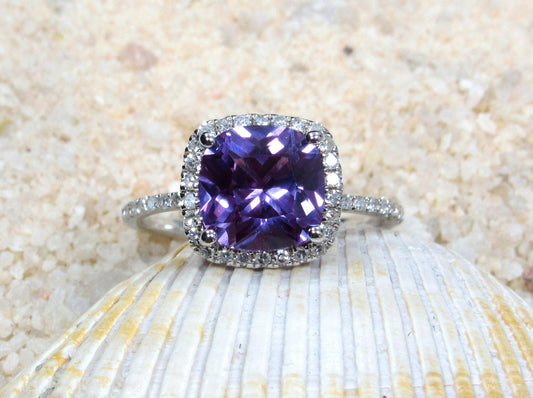 Color Change Ring,Sapphire Engagement Ring,Cuscino 8mm,Cushion Halo Ring,Sapphire Ring,2ct Ring,White Yellow Rose Gold 10k 14k 18k Platinum BellaMoreDesign.com