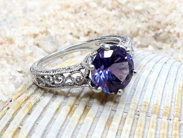 Color Change Ring,Sapphire Engagement Ring,Vintage Ring,Antique Ring,Filigree Ring,Polymnia,3ct Ring,White-Yellow-Rose Gold-Plt BellaMoreDesign.com