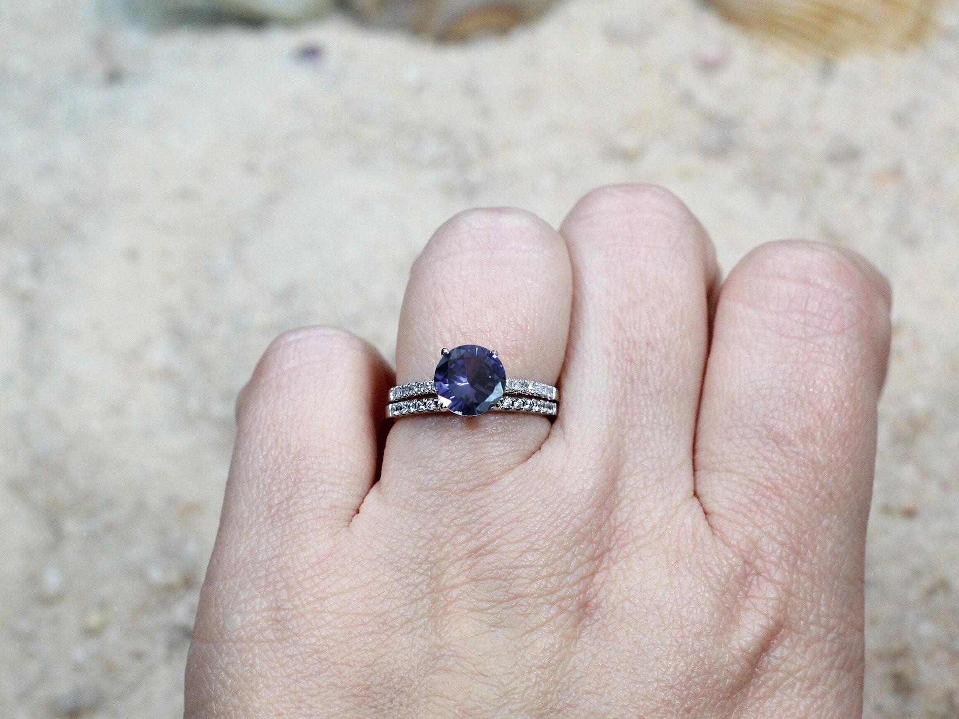 Color Change Sapphire Engagement Ring Set, Wedding Band Set, Pistis, 2ct, 8mm, promise ring, gift for her,gemstone ring BellaMoreDesign.com