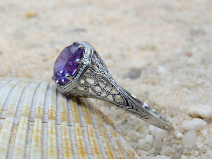 Color Change Sapphire Engagement Ring,Vintage, Round, Filigree, Miligrain,Fides, 2ct ,8mm,Promise Ring,Gift for her BellaMoreDesign.com