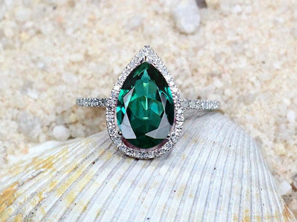 Emerald & Diamonds Engagement Ring Pear Halo drop Cut Helena 4.5ct 12x8mm Custom Size White-Yellow-Rose Gold-10k-14k-18k-Platinum BellaMoreDesign.com