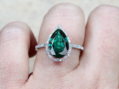 Emerald & Diamonds Engagement Ring Pear Halo drop Cut Helena 4.5ct 12x8mm Custom Size White-Yellow-Rose Gold-10k-14k-18k-Platinum BellaMoreDesign.com