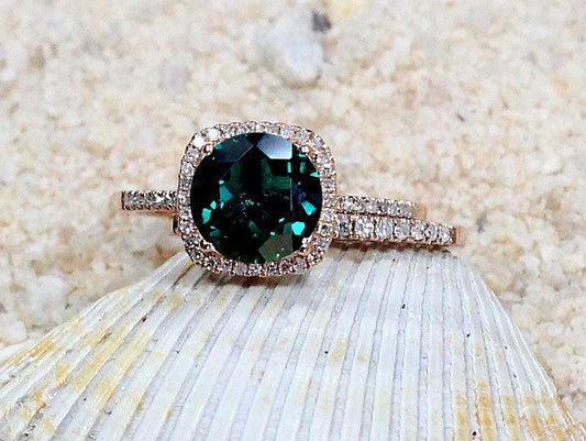 Emerald & Diamonds Engagement Ring Set, Cushion Halo, Wedding Band Set, Cuscino, 3ct, 8mm, Bridal Set, Promise Ring, Gift For Her BellaMoreDesign.com