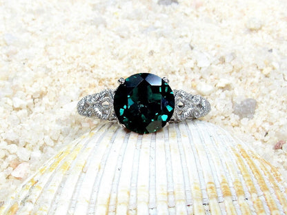 Emerald Engagement Ring, Antique, Filigree, Vintage, 4 Prong, Andromeda, 2cts, 8mm , promise ring, gift for her BellaMoreDesign.com