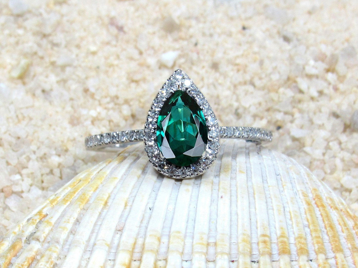 Emerald Engagement Ring & Diamonds Pear Halo Helena 1ct 7x5mm Custom Size White-Yellow-Rose Gold-10k-14k-18k-Platinum BellaMoreDesign.com
