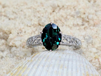 Emerald Engagement Ring, Pink Sapphire, Oval, Antique, Filigree, Milgrain, Polymnia, 3ct 9x7mm BellaMoreDesign.com