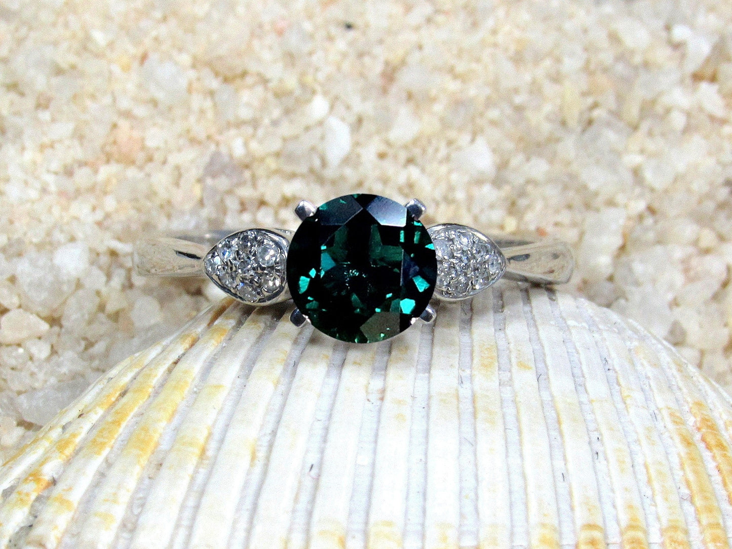 Emerald Engagement Ring, Round Diamonds Cluster Leaf Ring, Hestia, 1ct, 6mm, Promise Ring, Gift For Her BellaMoreDesign.com