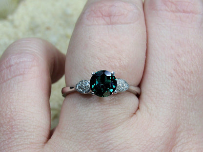 Emerald Engagement Ring, Round Diamonds Cluster Leaf Ring, Hestia, 1ct, 6mm, Promise Ring, Gift For Her BellaMoreDesign.com