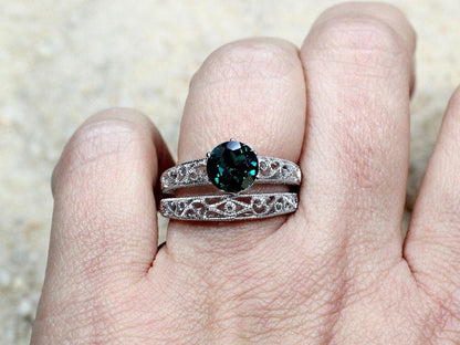 Emerald Engagement Ring Set,Antique Ring Set,Filigree Ring Set,Wedding Band Set,Polymnia,2ct Ring,White-Yellow-Rose Gold-14k-18k-Platinum BellaMoreDesign.com