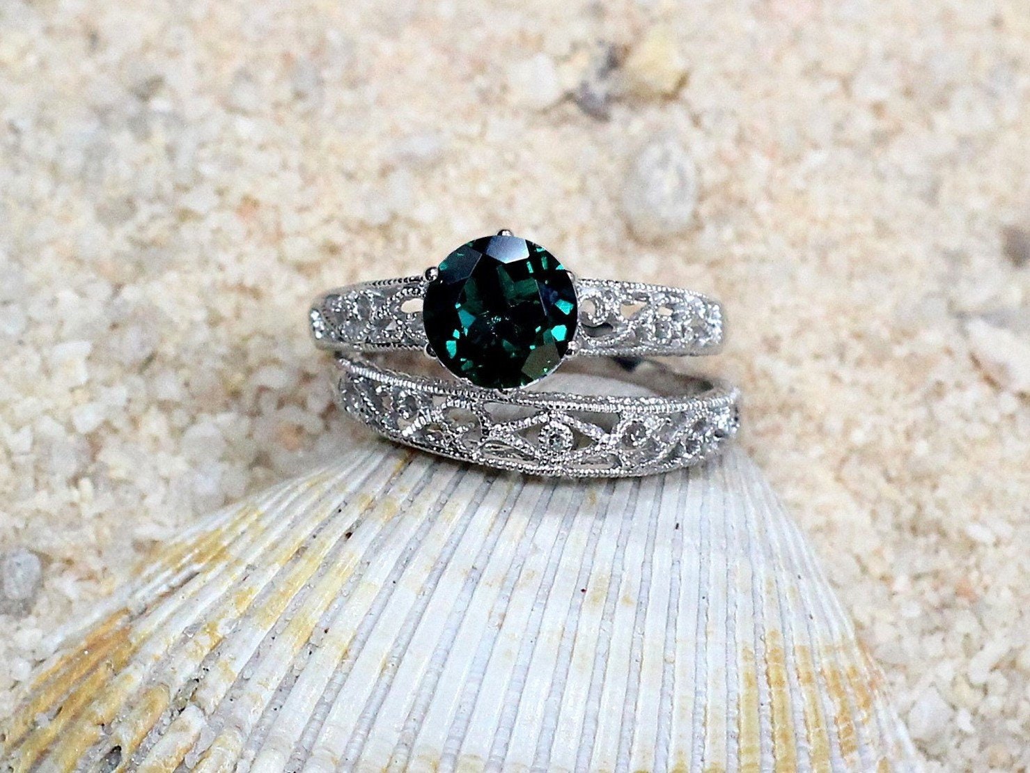 Emerald Engagement Ring Set,Antique Ring Set,Filigree Ring Set,Wedding Band Set,Polymnia,2ct Ring,White-Yellow-Rose Gold-14k-18k-Platinum BellaMoreDesign.com