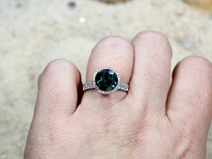 Emerald Engagement Ring Set,Diamond Band Set,Round Halo Engagement Ring set,Wedding Band Set,Pricus,3ct 9mm,Emerald Ring Set BellaMoreDesign.com