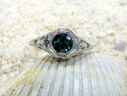 Emerald Engagement Ring, Vintage, Antique, Filigree, Round cut, Kassandra, .75ct, 5mm,Gift For Her,Gold-Plt BellaMoreDesign.com