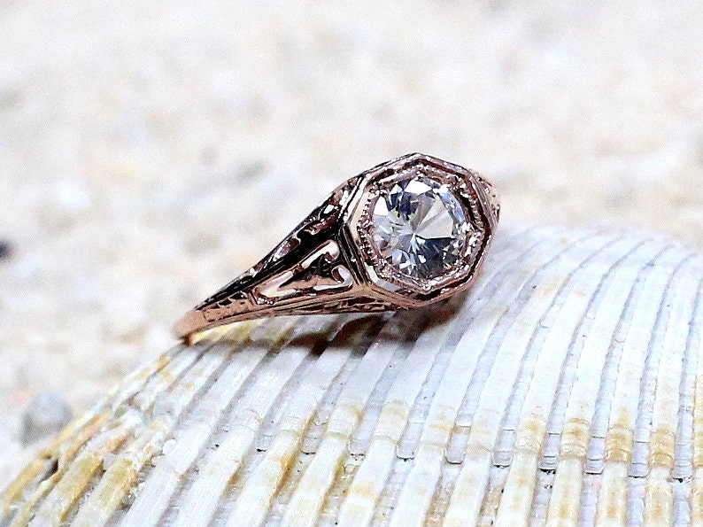 Emerald Engagement Ring, Vintage, Antique, Filigree, Round cut, Kassandra, .75ct, 5mm,Gift For Her,Gold-Plt BellaMoreDesign.com