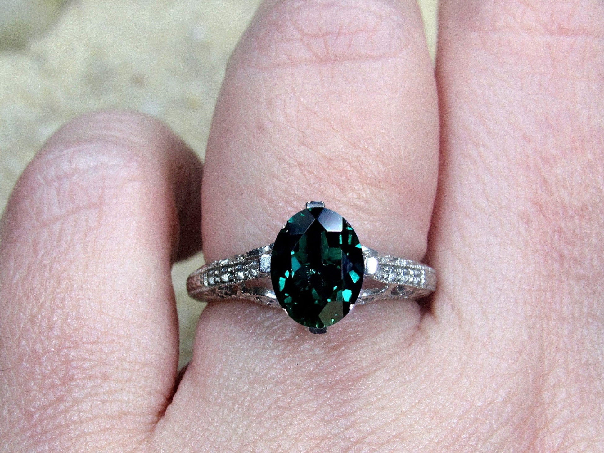 Emerald Engagement Ring, Vintage Filigree Ring, 3ct Oval 9x7mm, Dionysus, Green Emerald Ring, White-Yellow-Rose Gold-14k-18k-Platinum BellaMoreDesign.com