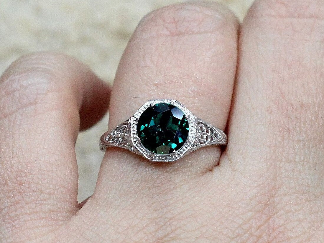 Emerald Engagement Ring,Vintage Ring,Antique Ring,Filigree Ring,Miligrain Ring,Fides,2ct Ring,White-Yellow-Rose gold 10k-14k-18k-Plt BellaMoreDesign.com
