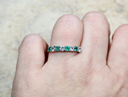 Emerald & White Sapphire Engagement Ring Band Half Eternity Round Stackable Morpheus Custom White-Yellow-Rose Gold-10k-14k-18k-Platinum BellaMoreDesign.com