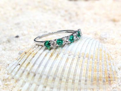 Emerald & White Sapphire Engagement Ring Band Half Eternity Round Stackable Morpheus Custom White-Yellow-Rose Gold-10k-14k-18k-Platinum BellaMoreDesign.com