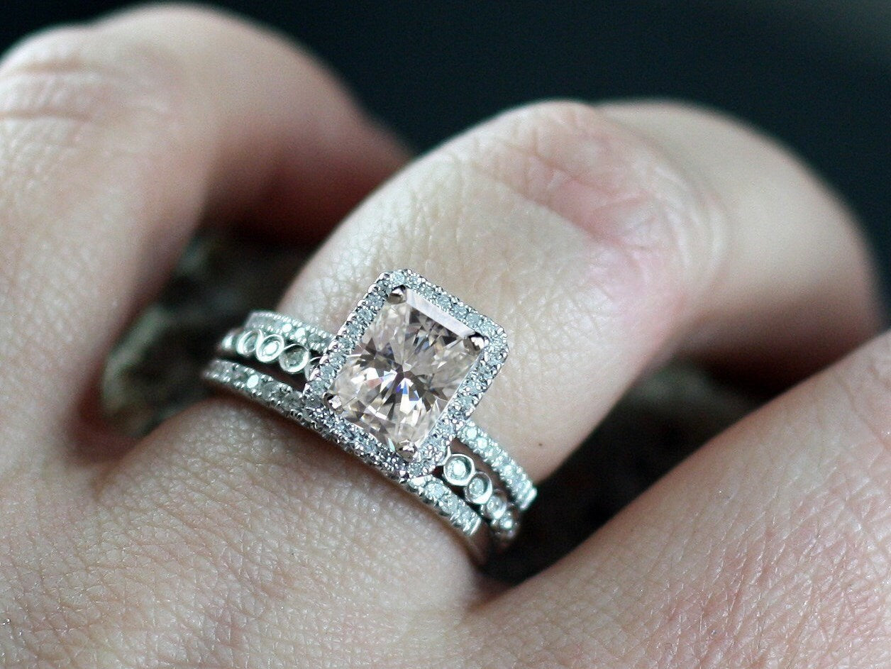 F1 Moissanite Engagement Ring FB Set Ione Ferarelle Eternity Bezel Wedding Band 1.8ct 8x6mm Custom White-Yellow-Rose Gold-14k-18k-Platinum BellaMoreDesign.com