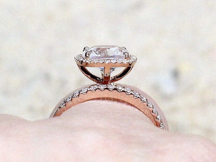 Forever One Moissanite Engagement Ring Set,Cushion Halo Ring,Wedding Band,Cuscino,2ct Ring Set,Forever One Ring,White Yellow Rose Gold 8mm BellaMoreDesign.com