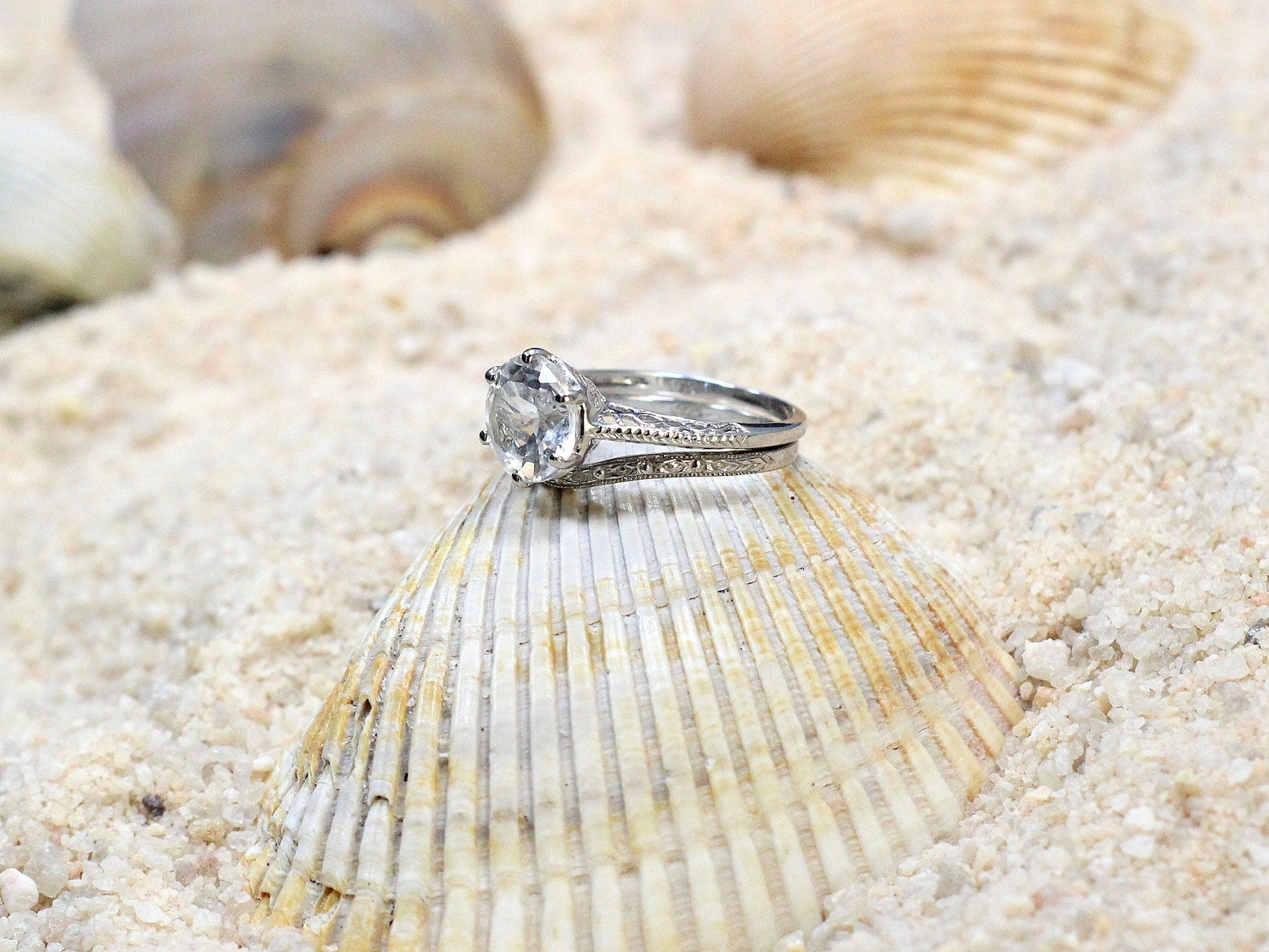 Forever One Moissanite Engagement Ring Set, Wedding Band, Antique, Filigree,Vintage, Round, Maia ,3ct, 9mm, gift for her, promise ring BellaMoreDesign.com