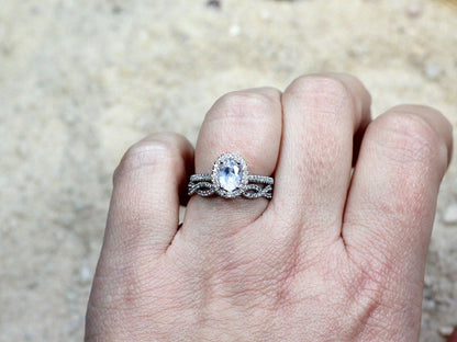 Forever One Moissanite Engagement Ring Set, Wedding Ring Set, Ovale, Infinite Love, 1ct, 7x5mm, his or hers rings,bridal set BellaMoreDesign.com