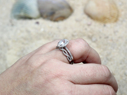 Forever One Moissanite Engagement Ring Set, Wedding Ring Set, Ovale, Infinite Love, 1ct, 7x5mm, his or hers rings,bridal set BellaMoreDesign.com