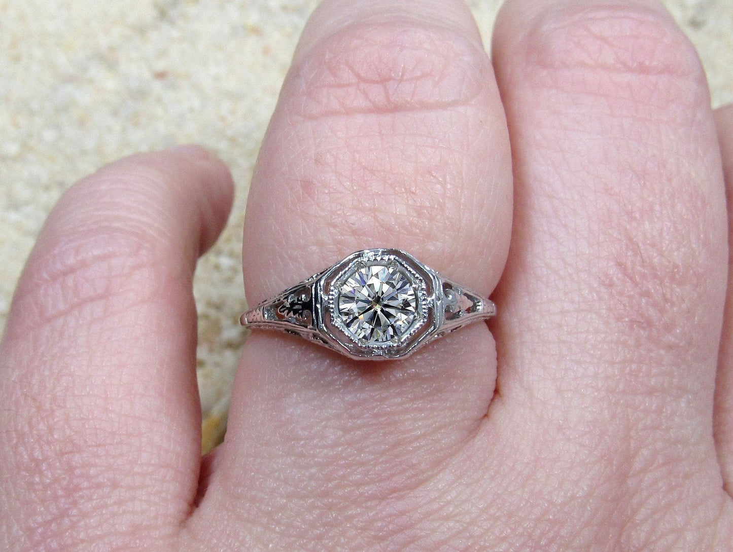 Forever One Moissanite Engagement Ring, Vintage, Antique, Filigree, Kassandra BellaMoreDesign.com