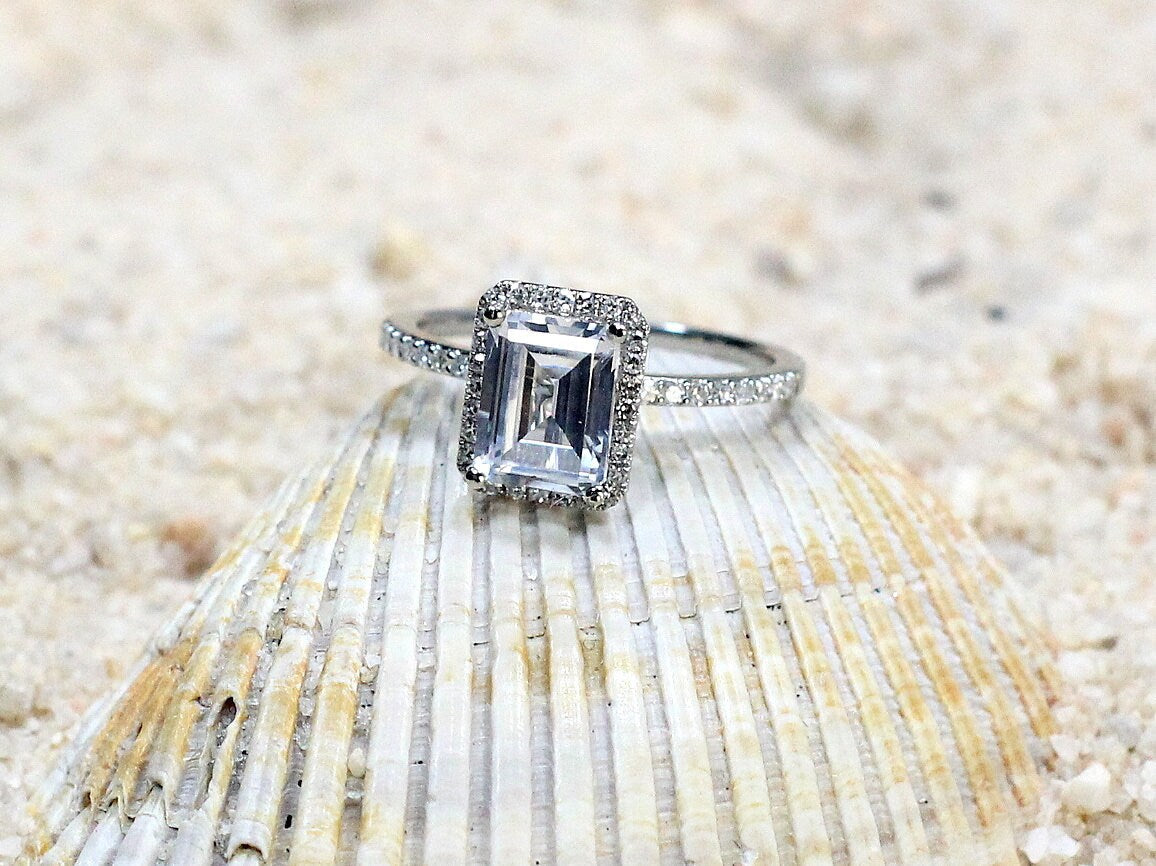 Goshenite & Diamonds Emerald cut Halo Engagement Ring Ione 2ct 8x6mm Custom Size White-Yellow-Rose Gold-10k-14k-18k-Platinum BellaMoreDesign.com