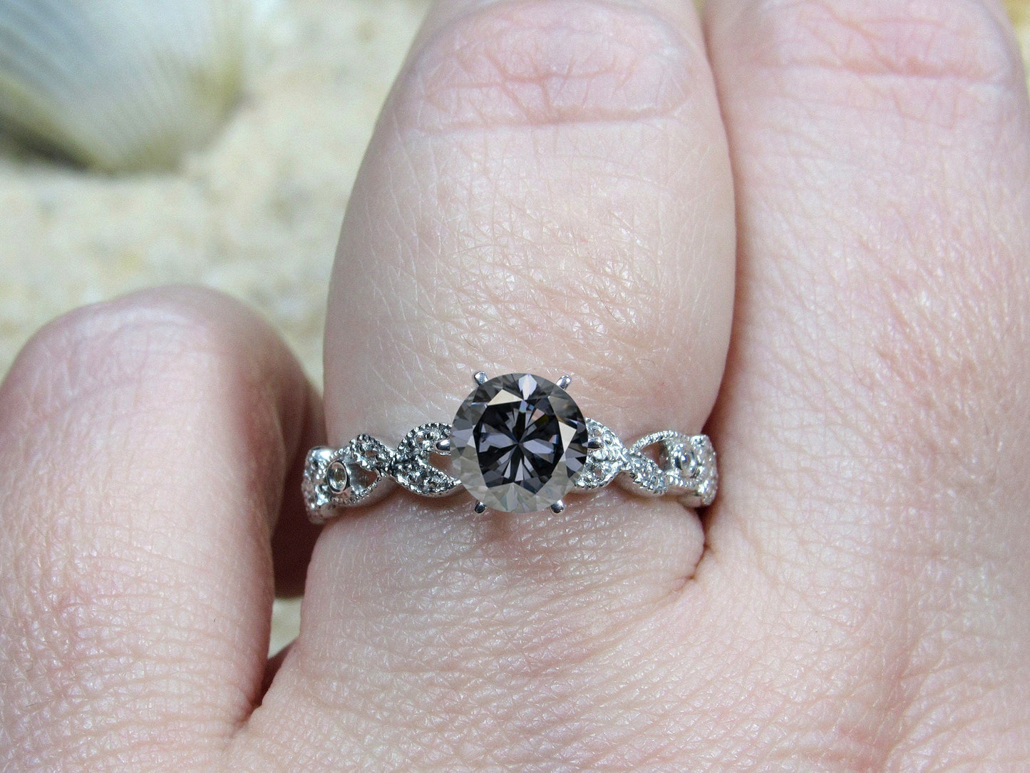 Gray Moissanite Diamond Engagement Ring, Leaf Milgrain Beaded Edge Round Gaia 1ct 6mm Custom White-Yellow-Rose Gold-10k-14k-18k-Platinum BellaMoreDesign.com