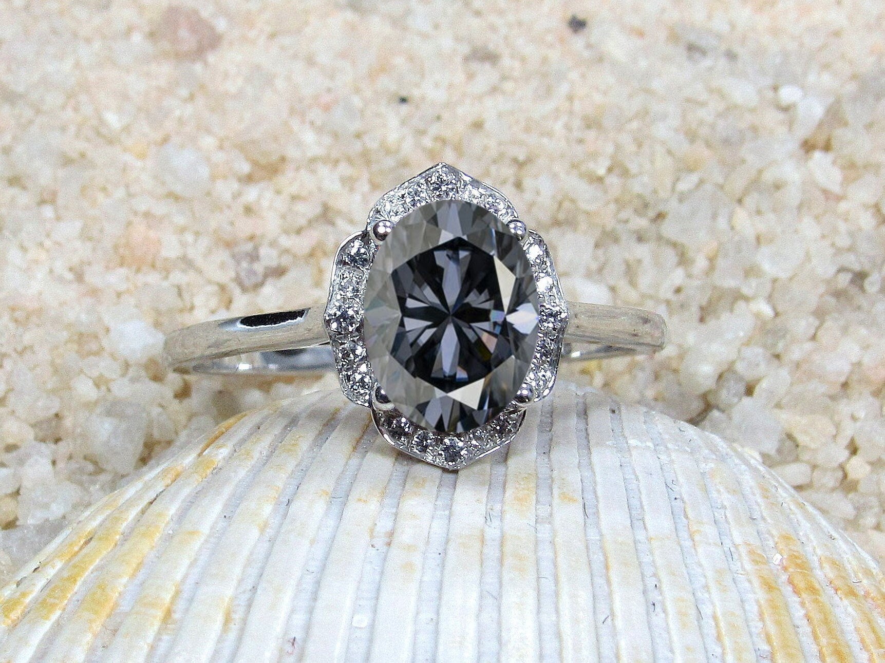Gray Moissanite Oval Engagement Ring, oval Floral Ring, Sospita