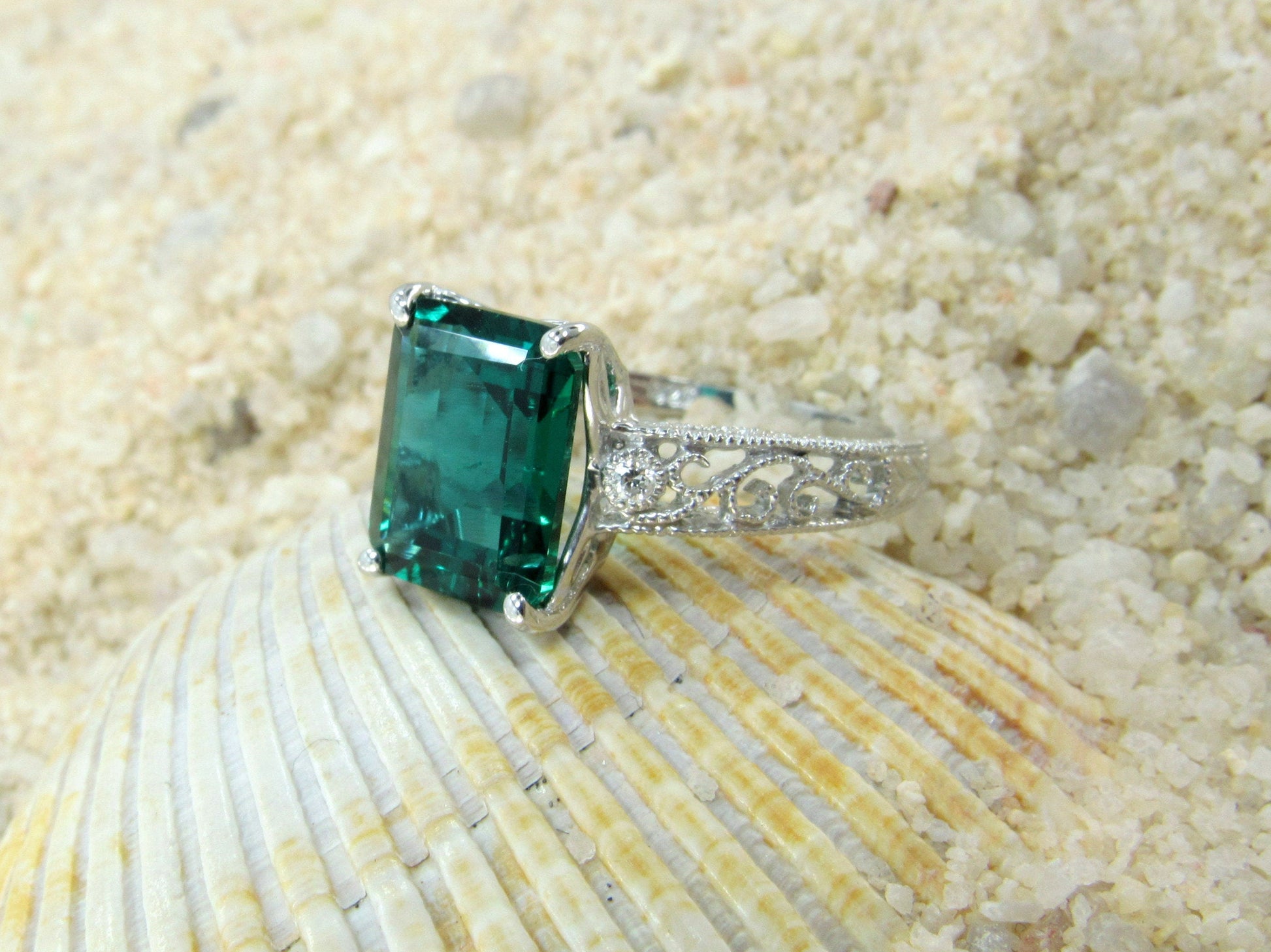 Green Emerald & Diamonds Engagement Ring, Diamond Shank, Vintage Ring, Filigree Ring, Milgrain Ring, Polymnia, 4ct, 10x8mm, Birthstone BellaMoreDesign.com