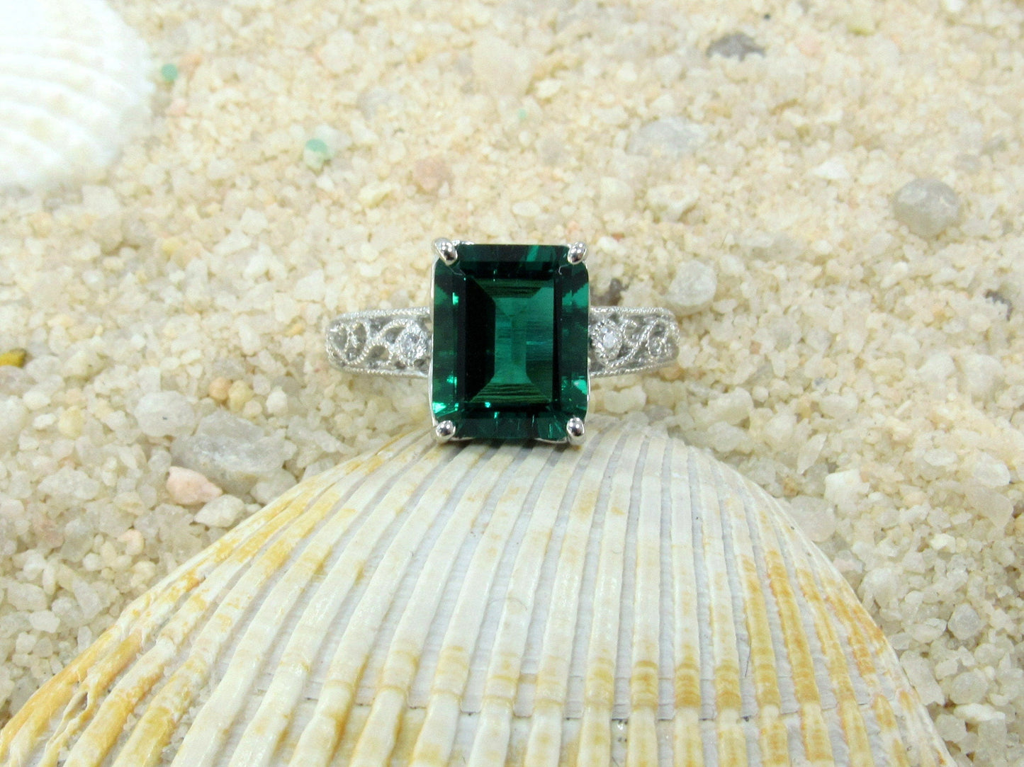 Green Emerald & Diamonds Engagement Ring, Diamond Shank, Vintage Ring, Filigree Ring, Milgrain Ring, Polymnia, 4ct, 10x8mm, Birthstone BellaMoreDesign.com