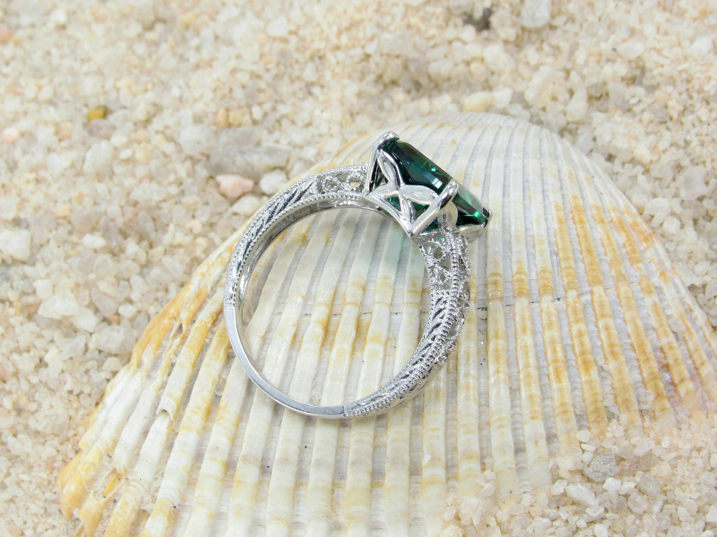 Green Emerald & Diamonds Engagement Ring, Diamond Shank, Vintage Ring, Filigree Ring, Milgrain Ring, Polymnia, 4ct, 10x8mm, Birthstone BellaMoreDesign.com