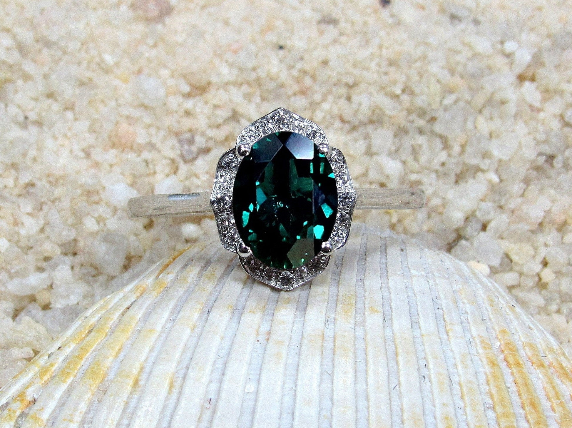 Green Emerald Oval Engagement Ring, Floral Ring, Sospita, 2ct Ring, White-Yellow-Rose Gold-10k-14k-18k-Platinum, 8x6mm Oval BellaMoreDesign.com