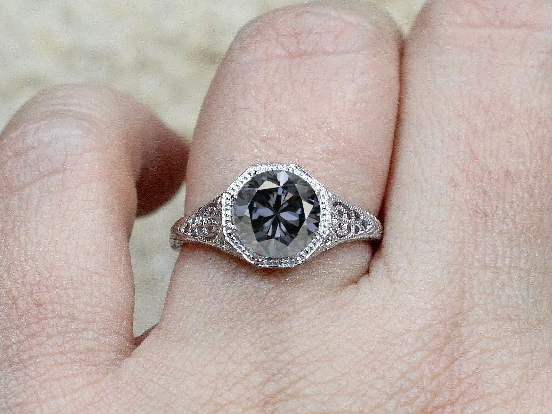 Grey Moissanite Engagement Ring,Fides,Filigree Ring,Miligrain Ring,Antique Ring,2ct Ring, Gray Moissanite Ring,Vintage Ring,Rose Gold Ring BellaMoreDesign.com