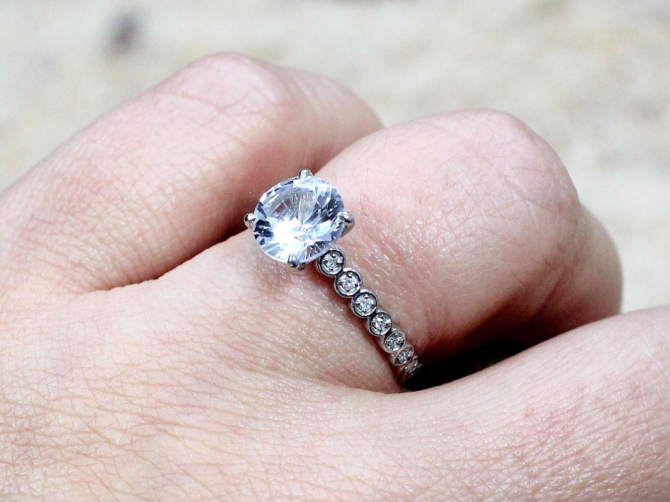 Grey Moissanite Engagement Ring, Simulated Diamond Bezel Band ring, vintage Milgrain Ring, moissanite Engagement Ring, Ferarelle, 2ct 8mm BellaMoreDesign.com
