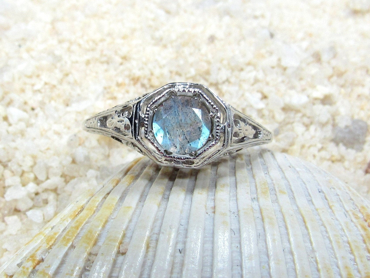 Labradorite Engagement Ring,Antique Ring,Filigree Ring,Kassandra, .75ct 5mm,Sapphire Ring,White Sapphire Ring BellaMoreDesign.com