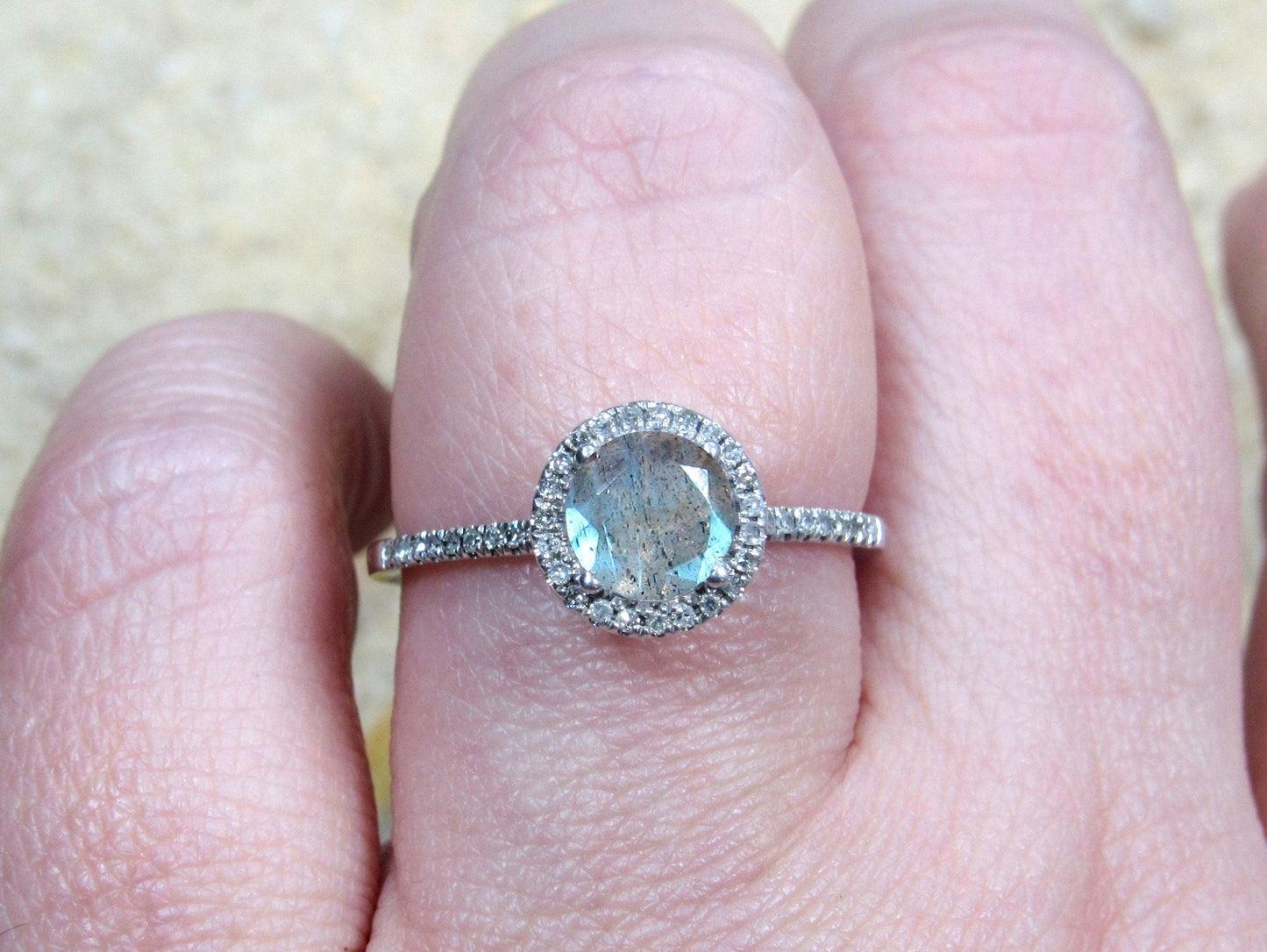 Labradorite Engagement Ring, Round Diamonds Halo Ring, Labradorite Ring, Pricus, 1ct Ring,White Gold-Yellow Gold-Rose Gold Ring, 6mm BellaMoreDesign.com