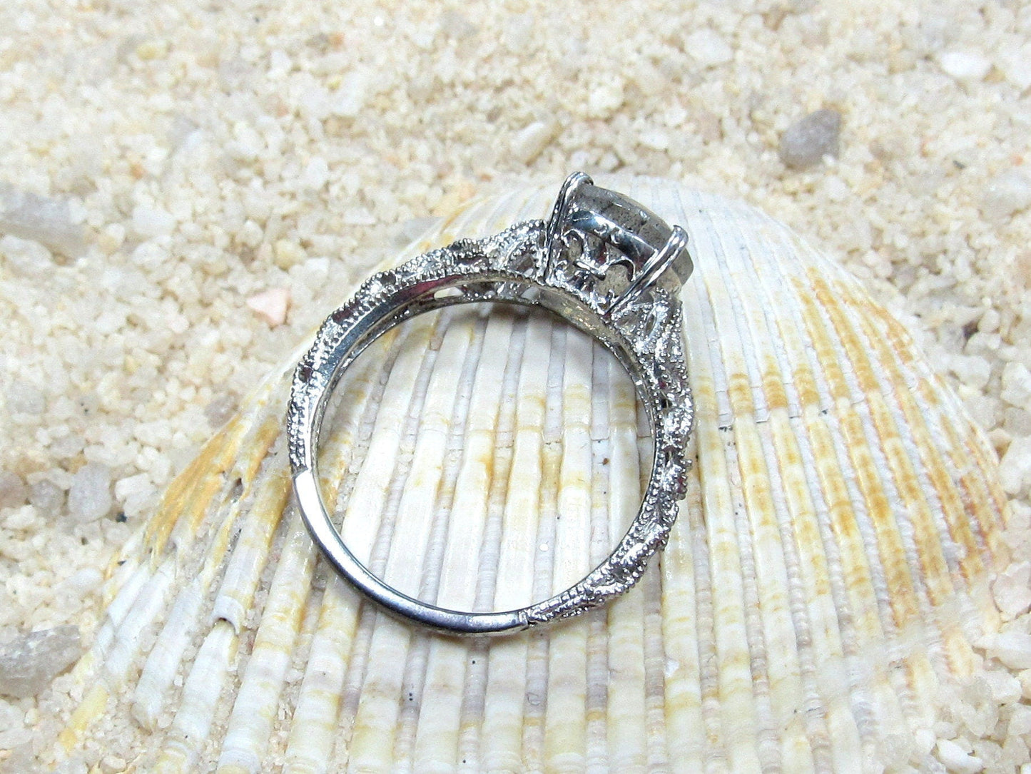 Labradorite Vintage Engagement Ring Antique Style Prong Filigree Round Andromeda 2cts 8mm Custom White-Yellow-Rose Gold-10k-14k-18k-Platinum BellaMoreDesign.com