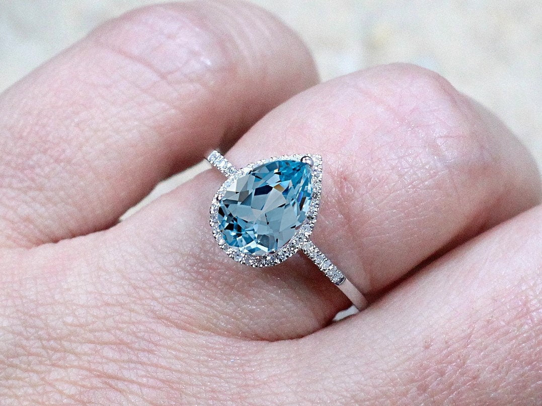 Light Blue Spinel & Diamond Pear Halo Engagement Ring Goccia 2.5ct 10x7mm Custom Size White-Yellow-Rose Gold-10k-14k-18k-Platinum Diamonds BellaMoreDesign.com