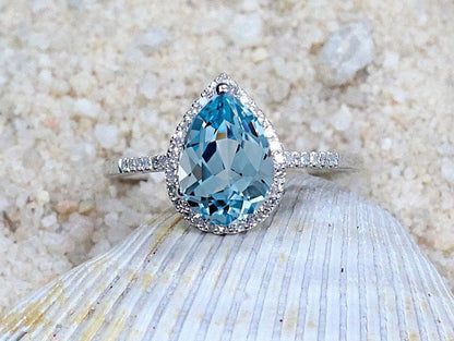 Light Blue Spinel & Diamond Pear Halo Engagement Ring Goccia 2.5ct 10x7mm Custom Size White-Yellow-Rose Gold-10k-14k-18k-Platinum Diamonds BellaMoreDesign.com
