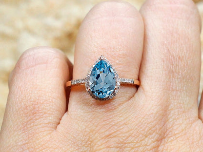 Light Blue Spinel & Diamond Pear Halo Engagement Ring Goccia 2.5ct 10x7mm Custom Size White-Yellow-Rose Gold-10k-14k-18k-Platinum Diamonds BellaMoreDesign.com