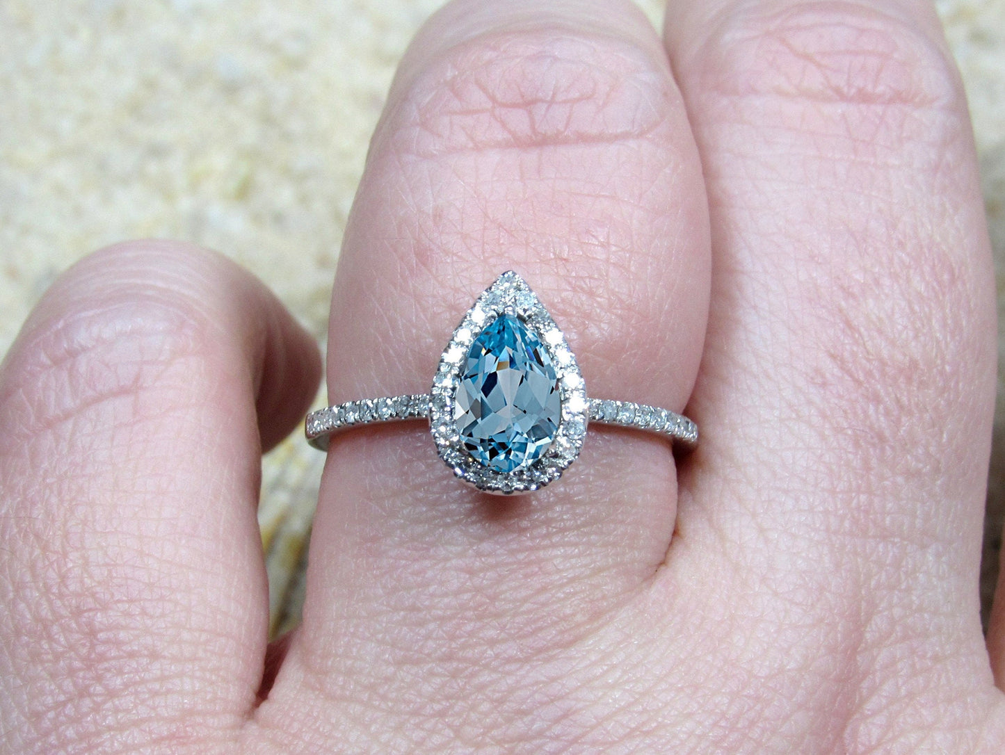 Light Blue Spinel & Diamonds Pear Halo Engagement Ring Helena 1ct 7x5mm Custom Size White-Yellow-Rose Gold-10k-14k-18k-Platinum BellaMoreDesign.com