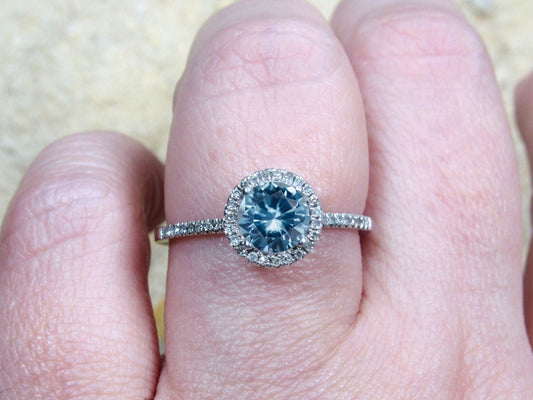 Light Blue Spinel Engagement Ring, Round Diamonds Halo Ring, Pricus, 1ct Ring,White Gold-Yellow Gold-Rose Gold Ring, 6mm BellaMoreDesign.com